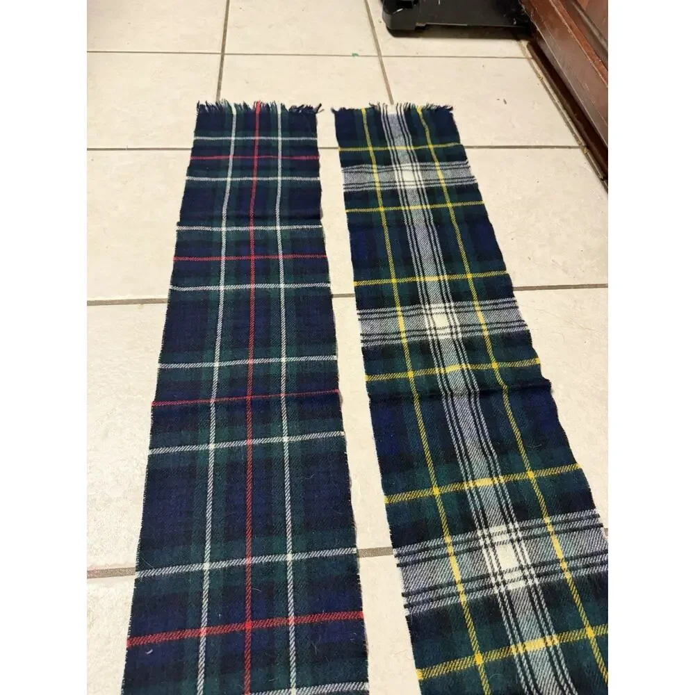 2 Lot Vnt Glentana Blue Green Plaid 100 Wool Fringed Scarf Made In Scotland 46x8